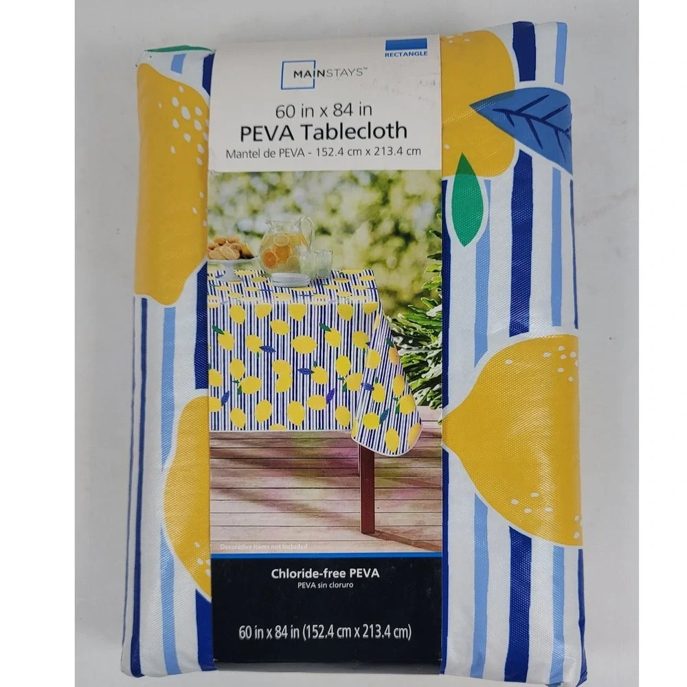 Mainstays Lemon Striped PEVA Tablecloth 60 x 84 Rectangle Blue Yellow White